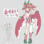  1girl :d antennae bare_shoulders bow commentary crop_top english_commentary fang full_body green_bow grey_background highres humanization jacket jacket_partially_removed lanimani looking_at_viewer lurantis off_shoulder official_art_inset open_mouth orange_eyes pink_jacket pink_shorts pink_sleeves pink_socks pokemon reference_inset short_twintails shorts simple_background smile socks solo standing striped_clothes striped_shorts striped_socks twintails white_background 