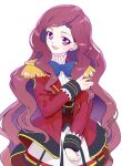  1girl :d aikatsu!_(series) aikatsu_stars! blue_bow blue_bowtie bow bowtie brown_hair commentary_request cowboy_shot epaulettes frilled_skirt frills hand_up jacket kasumi_yozora long_hair long_sleeves looking_at_viewer moudoku_(decopon3rd) open_mouth pleated_skirt purple_eyes red_jacket s4_uniform skirt smile solo standing very_long_hair wavy_hair white_background 