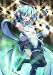  1girl absurdres aqua_hair aqua_nails aqua_necktie aqua_trim arm_up armpits black_skirt blush breasts collared_shirt commentary_request detached_sleeves hair_between_eyes hair_ornament hatsune_miku hatsune_miku_(vocaloid3) headset highres light_blush lineart long_hair long_sleeves looking_at_viewer medium_breasts mushi4622 necktie one_eye_closed open_mouth shirt skirt sleeveless sleeveless_shirt smile solo standing standing_on_one_leg thick_thighs thighs twintails very_long_hair vocaloid white_shirt 