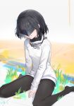  1girl :d absurdres arknights arknights:_endfield between_legs black_hair black_pantyhose black_shirt commentary endministrator_(arknights) female_endministrator_(arknights) full_body grass grin hand_between_own_legs highres long_sleeves mntt no_shoes pantyhose plant ribbed_sweater shirt short_hair sitting sleeves_past_wrists smile solo sweater undershirt wariza white_sweater 