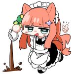  1girl animal_ears apron ball_hands black_dress black_shoes blue_eyes blunt_bangs blush_stickers chibi chibi_only coffee_mug commentary_request cup dress enmaided frilled_apron frilled_dress frills full_body hair_ornament holding holding_cup horse_ears horse_girl horse_tail jitome long_hair looking_at_viewer maid maid_headdress mug open_mouth orange_hair rayman_limbs shoes silence_suzuka_(umamusume) simple_background socks solo spilling standing standing_on_one_leg tail temu_(kobaeihuk) umamusume v white_apron white_background white_socks 