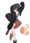  1girl absurdres ankle_boots arm_up black_boots black_coat black_hair boots coat commentary dress feather_dress feather_hair_ornament feathers food foot_out_of_frame fruit gun hair_ornament hair_over_one_eye hairband handgun highres holding holding_gun holding_weapon nats_(d0ughnats) one_eye_covered orange_(fruit) orange_slice red_dress red_eyes red_feathers reverse:1999 schneider_(reverse:1999) short_dress short_hair smile solo weapon white_background white_hairband 