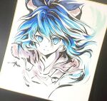  1girl blue_bow blue_eyes blue_hair bow closed_mouth commentary_request drawstring grey_hair hair_between_eyes hair_bow long_hair looking_at_viewer portrait shikishi simple_background smile solo touhou traditional_media tsubameyado white_background yorigami_shion 