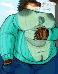  absurd_res anthro belly big_belly big_breasts breasts cleopatra_(casimyrcsko) dialogue dinosaur doctordj duo facial_hair female female_anthro female_on_human head_feathers hi_res hug huge_breasts human human_on_anthro interspecies it-rex male male/female male_human male_on_anthro mammal mustache nipples non-mammal_breasts non-mammal_nipples overweight overweight_anthro overweight_female prehistoric_species reptile saurischian scalie speech_bubble theropod tyrannosaurid tyrannosauroid tyrannosaurus tyrannosaurus_rex under_clothes x-ray_view 