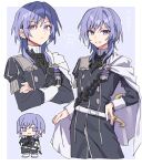  1boy belt border cape character_name chibi chibi_only closed_mouth commentary crossed_arms fire_emblem fire_emblem:_three_houses garreg_mach_monastery_uniform grin hand_on_own_hip highres long_sleeves looking_at_viewer male_focus medium_hair multiple_views purple_background purple_eyes purple_hair shinae side_cape simple_background smile white_belt white_border white_cape yuri_leclerc 