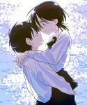  1boy 1girl black_hair commentary_request couple eye_contact face-to-face grey_eyes highres hug lifting_person looking_at_another ocean original short_hair skirt sparkle takanashi_atashi water 