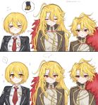  ! >_< ... 3girls :t ahoge black_jacket blonde_hair blush brown_coat coat collared_shirt commentary_request don_quixote_(project_moon) feather_boa frown gold_trim grey_shirt hair_between_eyes highres jacket la_manchaland_(identity)_(project_moon) lcb_uniform_(project_moon) limbus_company long_hair multiple_girls necktie project_moon red_eyes red_necktie ro/ku sancho_(project_moon) shirt short_hair simple_background spoken_ellipsis spoken_exclamation_mark tiptoes wavy_hair white_background white_shirt 