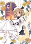  1girl blonde_hair blush character_name closed_mouth crescent_moon dress drill_hair fairy fairy_wings flower frilled_dress frilled_sleeves frills hat highres long_sleeves luna_child moon red_eyes short_hair slippers smile socks solo torii_sumi touhou white_dress white_flower white_headwear white_socks wide_sleeves window wings yellow_flower 