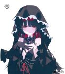 1girl alternate_costume artist_name bare_shoulders black_choker black_dress black_gloves black_hair black_vest choker commentary_request cross cross_earrings detached_collar detached_sleeves dress earrings elbow_gloves foopy frilled_choker frills gloves hand_on_own_chest highres jewelry long_hair mahou_shoujo_no_majo_saiban nikaido_hiro red_eyes red_ribbon ribbon signature simple_background sleeveless sleeveless_dress solo strapless strapless_dress veil vest watermark white_background 