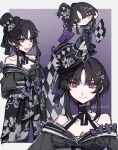  arki_hrzoi artist_name bare_shoulders black_gloves black_hair black_kimono border bow butterfly_hair_ornament checkered_sleeves commentary_request deformed flower furisode gloves gradient_background hair_ornament hat hat_flower highres housho_margo japanese_clothes kimono lolita_fashion long_sleeves looking_at_viewer mahou_shoujo_no_majo_saiban mini_hat mini_top_hat multiple_views neck_ribbon obi off_shoulder parted_bangs purple_background purple_eyes ribbon sash short_hair signature top_hat wa_lolita white_border wide_sleeves 