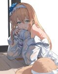  1girl bare_shoulders blonde_hair cup drinking_straw elbow_rest enyo_(granblue_fantasy) enyo_(summer)_(granblue_fantasy) granblue_fantasy green_eyes hairband hat highres holding holding_cup long_hair looking_at_viewer nos_(nos_tsn) sitting smile solo straw_hat 
