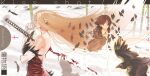  1boy 1girl absurdres araragi_koyomi arm_under_breasts arms_at_sides bamboo bare_shoulders bird black_border black_hair blonde_hair blood blood_on_weapon border breasts brown_eyes brown_jacket center_frills ceramicnoise character_name closed_mouth collarbone commentary crow elbow_gloves english_commentary english_text feather-trimmed_gloves feather-trimmed_shirt floating_hair floating_neckwear flock frills frown glint gloves hair_between_eyes hair_over_one_eye hand_on_own_face hand_up highres impaled jacket jewelry katana kiss-shot_acerola-orion_heart-under-blade kizumonogatari large_breasts lips long_hair looking_at_viewer looking_to_the_side mature_female medallion monogatari_(series) necklace nervous open_mouth oshino_shinobu peace_symbol pointy_ears profile red_shirt shade shirt short_hair strapless strapless_shirt sweatdrop sword teeth upper_body upper_teeth_only v-shaped_eyebrows very_long_hair weapon white_background white_gloves white_shirt 