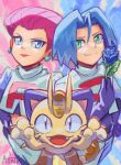  1boy 1girl aonik commentary crop_top earrings elbow_gloves english_commentary gloves hair_slicked_back james_(pokemon) jessie_(pokemon) jewelry lipstick looking_at_viewer makeup meowth pokemon pokemon_(anime) pokemon_(classic_anime) pokemon_(creature) pokemon_the_series:_diamond_and_pearl single_letter skirt smile sphere_earrings team_rocket team_rocket_uniform white_skirt 