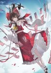  1girl absurdres ascot between_fingers blue_sky bow brown_hair brown_shoes chinese_commentary commentary_request day detached_sleeves frilled_bow frilled_hair_tubes frills full_body gohei grin hair_bow hair_tubes hakurei_reimu highres holding holding_gohei holding_ofuda long_hair looking_at_viewer mary_janes ofuda ofuda_between_fingers one_eye_closed outdoors red_bow red_eyes red_skirt ribbon-trimmed_sleeves ribbon_trim shoes skirt skirt_set sky smile socks solo touhou white_socks yellllll yellow_ascot 