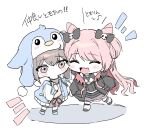  2girls animal_hood bang_dream! bang_dream!_it's_mygo!!!!! black_jacket blue_jacket blush chihaya_anon closed_eyes commentary_request cone_hair_bun cosplay fang grey_hair grey_skirt hair_bun highres holding_hands hood jacket kuromi kuromi_(cosplay) long_hair multiple_girls my_melody_(series) open_mouth penguin_hood pink_eyes pink_hair sanrio short_hair simple_background skin_fang skirt smile suudori takamatsu_tomori translation_request white_background 