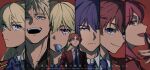  advanced_nurturing_high_school_uniform amasawa_ichika antenna_hair ayanokouji_kiyotaka blazer blonde_hair blue_bow blue_bowtie blue_eyes blue_hair blue_necktie bow bowtie brown_eyes brown_hair candy collared_shirt colored_eyebrows commentary_request copyright_name food grey_eyes hair_between_eyes hand_to_own_mouth heiichiboku highres holding holding_candy holding_food holding_lollipop housen_kazumi jacket lapels laughing licking lollipop long_hair medium_hair nanase_tsubasa necktie notched_lapels open_mouth portrait purple_eyes red_background red_eyes red_hair red_jacket school_uniform shirt short_hair smile tongue tsubaki_sakurako twitter_username upper_body utomiya_riku watermark white_shirt wing_collar yagami_takuya youkoso_jitsuryoku_shijou_shugi_no_kyoushitsu_e 