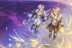 2boys aedon_(genshin_impact) ahoge armor artist_name belt bird black_belt black_boots black_gloves black_jacket black_pants blue_jacket blue_shirt blue_vest blush body_markings boots chest_belt closed_mouth collared_shirt commentary day earrings english_commentary floating_clothes flower full_body fur-trimmed_jacket fur-trimmed_sleeves fur_trim genshin_impact gloves gradient_hair grey_hair hair_between_eyes hair_over_one_eye hand_up highres holding holding_hands holding_lantern holding_polearm holding_weapon illuga_(genshin_impact) jacket jewelry kokorei_jay lantern lohen_(genshin_impact) long_sleeves looking_at_another male_focus mole mole_under_eye multicolored_hair multiple_boys night open_clothes open_jacket outdoors pants pink_hair polearm purple_eyes shirt short_hair single_earring smile spear standing sweater thigh_strap turtleneck turtleneck_sweater two-sided_fabric two-sided_jacket two-tone_hair vest weapon white_armor white_pants white_sweater yaoi yellow_bird yellow_flower 