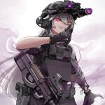  1girl black_gloves bright_pupils bulletproof_vest bullpup combat_helmet commentary_request commission dog_tags ear_protection fn_p90 gloves grin gun handgun helmet highres holding holding_knife holster holstered knife long_hair looking_at_viewer magazine_(weapon) night_vision_device nyo551 original pink_eyes sharp_teeth sig_p220/p226 sig_sauer simple_background skeb_commission smile solo submachine_gun tactical_clothes teeth weapon white_hair white_pupils 