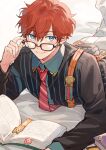 1boy amagi_hiiro bangs blue_eyes book bookmark closed_mouth collared_shirt commentary diagonal-striped_necktie earrings ensemble_stars! glasses hair_between_eyes hoop_earrings jewelry long_sleeves looking_at_viewer lying male_focus necktie on_stomach open_book red_hair seuga shirt short_hair solo striped striped_necktie striped_shirt symbol-only_commentary vertical-striped_shirt vertical_stripes 