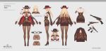  1girl absurdres angel_(mongil:_star_dive) arm_warmers backless_shirt black_hat black_panties blonde_hair breasts brown_arm_warmers brown_bodystocking brown_cape brown_gloves brown_shoes brown_skirt cape character_name clothing_cutout copyright_name copyright_notice covered_navel cowboy_hat full_body gloves green_pupils grey_background gun hat high-waist_skirt high_heels highres large_breasts logo long_hair miniskirt mongil:_star_dive multiple_views navel_cutout necktie official_art panties panties_under_pantyhose pantyhose pencil_skirt red_eyes red_necktie reference_sheet revolver round_eyewear shirt shoes single_arm_warmer skirt sleeveless sleeveless_shirt sunglasses tied_shirt turnaround underwear weapon white_shirt 