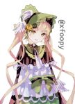  1girl artist_name black_bow black_capelet black_flower black_rose blonde_hair bonnet bow bow_flower bowtie capelet dress flower foopy frilled_dress frills green_bonnet green_eyes highres long_hair long_sleeves looking_at_viewer mahou_shoujo_no_majo_saiban pleated_capelet rose signature simple_background smile solo tono_hanna twintails watermark white_background white_wings winged_hat wings yellow_flower yellow_rose 