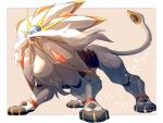  border brown_background english_text highres light_particles no_humans outside_border pokemon pokemon_(creature) pokemon_focus shibaban7 signature solgaleo watermark white_border 
