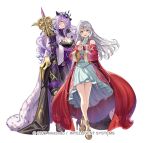  2girls armor armored_boots bare_shoulders boots breasts bridal_gauntlets camilla_(fire_emblem) camilla_(light_of_nohr)_(fire_emblem) cape circlet cleavage closed_mouth commentary_request curly_hair detached_sleeves dress fire_emblem fire_emblem:_radiant_dawn fire_emblem_fates fire_emblem_heroes full_body fur_trim gauntlets gloves grey_hair hair_ornament hair_over_one_eye hair_tubes holding jewelry large_breasts lips long_hair long_sleeves looking_at_viewer micaiah_(fire_emblem) micaiah_(queen_of_dawn)_(fire_emblem) multiple_girls official_art okuma_mai open_mouth purple_hair red_eyes solo staff tiara transparent_background white_hair wide_sleeves yellow_eyes 