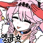  1girl :p ah_eto..._bleh_(meme) chain closed_eyes colored_inner_hair commentary_request denia_(wuthering_waves) gloves hands_on_own_head korean_commentary korean_text lix_(iroiro3843) long_hair lowres meme multicolored_hair pink_hair portrait purple_hair red_gloves solo sticker_(medium) tongue tongue_out translation_request wuthering_waves 