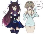  2girls alien_stage asymmetrical_gloves black_dress black_gloves black_hair black_thighhighs blue_eyes brown_hair closed_eyes clothing_cutout columbina_(genshin_impact) commentary cosplay cropped_legs dress earrings eighth_note elbow_gloves english_commentary english_text flying_sweatdrops gloved_sleeves gloves hair_ribbon hairband holding holding_microphone jewelry juliet_sleeves long_sleeves microphone mizi_(alien_stage) mizi_(alien_stage)_(cosplay) multicolored_hair multiple_girls musical_note off-shoulder_dress off_shoulder puffy_sleeves purple_hair ribbon sandrone_(genshin_impact) shoulder_cutout single_elbow_glove spoken_musical_note sua_(alien_stage) sua_(alien_stage)_(cosplay) thighhighs tress_ribbon two-tone_hair uneven_gloves white_dress white_hairband wompompd 