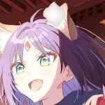  1girl :d akiran_(yachiyo-room) animal_ears cho_kaguya-hime! commentary_request forehead_jewel fox_girl green_eyes lowres oekaki open_mouth portrait purple_hair sakayori_iroha short_hair smile solo 
