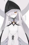  1girl absurdres blue_archive breasts colored_skin commentary grey_background grey_hair grey_skin hair_over_one_eye highres long_hair looking_at_viewer malkuth_(blue_archive) nanairo_(nanana_color) one_eye_covered robot_girl simple_background small_breasts solo speech_bubble yellow_eyes 