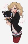  1girl :d absurdres animal black_jacket blonde_hair blue_eyes blush cat commentary_request cowboy_shot cropped_legs grey_background heart highres holding holding_animal hug jacket long_hair long_sleeves looking_at_viewer miniskirt mitsu_(cr_kun) morgana_(persona_5) open_mouth pantyhose persona persona_5 plaid_clothes plaid_skirt pleated_skirt red_pantyhose school_uniform shuujin_academy_school_uniform simple_background skirt smile standing takamaki_ann twintails uneven_eyes 