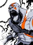  1boy absurdres bald beard blades_of_athena blades_of_chaos bodypaint braid braided_beard chain_blades commentary facial_hair full_beard god_of_war god_of_war_(2018) god_of_war_ragnarok highres kratos_(god_of_war) male_focus manabu_yashiro mature_male muscular muscular_male solo 