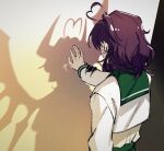  1girl ahoge commentary different_shadow english_commentary facing_away highres hiiragi_utena kisto_ye living_shadow magia_baiser mahou_shoujo_ni_akogarete purple_hair sailor_collar school_uniform shadow shadow_hands solo 