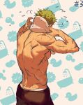  1boy absurdres ass from_behind green_hair highres male_focus male_underwear male_underwear_peek nipples no.6_(numberr_6) one_piece pectorals roronoa_zoro short_hair solo toned toned_male topless_male towel towel_around_neck underwear wet wet_hair white_male_underwear 