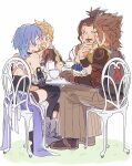  1girl 3boys aqua_(kingdom_hearts) armor asymmetrical_armor attakaimizu7619 bike_shorts bike_shorts_under_skirt black_corset black_facial_hair black_thighhighs blonde_hair blue_eyes blue_hair blueberry brown_hair brown_pants cake cake_slice chair closed_eyes commentary_request corset cup day detached_sleeves eating eraqus_(kingdom_hearts) facial_hair facing_away fingerless_gloves food fork fruit full_body gloves grass grey_shirt hakama hakama_pants hand_on_table hand_up happy high_ponytail highres holding holding_fork holding_utensil japanese_clothes kingdom_hearts kingdom_hearts_birth_by_sleep master_eraqus medium_hair multiple_boys mustache on_chair open_mouth outdoors pants plate ponytail scar scar_across_eye scar_on_face shirt short_ponytail shoulder_armor shoulder_strap sitting smile spiked_hair strawberry table tea teacup terra_(kingdom_hearts) thighhighs ventus_(kingdom_hearts) wristband 