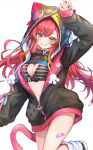  1girl animal_ear_hood bandaid bandaid_on_leg black_jacket black_nails bra breasts cat_tail cleavage commentary curled_fingers goggles goggles_on_headwear grin hood jacket long_hair loose_socks midriff nekota_tsuna nekota_tsuna_(1st_costume) orange_eyes paint_splatter partially_unzipped red_hair shrug_(clothing) simple_background smile socks solo standing standing_on_one_leg striped_bra striped_clothes tail underwear untranslatable_commentary virtual_youtuber vspo! white_background white_socks yihuhe 