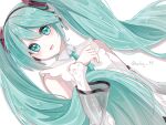  1girl aqua_eyes aqua_hair bare_shoulders commentary detached_sleeves hatsune_miku hatsune_miku_(nt) headset highres long_hair looking_at_viewer open_mouth orkaj_93 piapro_studio see-through_clothes see-through_sleeves shadow shirt simple_background sleeveless sleeveless_shirt solo twintails twitter_username very_long_hair vocaloid white_background 
