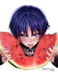  1boy :p artist_name bishounen black_bodysuit blue_eyes blunt_ends blush bodysuit commentary covered_collarbone english_commentary eyelashes fingernails food fruit genshin_impact gold_ring hair_intakes highres holding holding_food holding_fruit instagram_logo lipstick_mark lipstick_mark_on_face logo_request looking_at_viewer male_focus meme middle_ring negative_space_oral_(meme) normnnna open_hands parody parted_bangs purple_nails saliva scaramouche_(genshin_impact) seed solo sparkling_eyes straight-on tongue tongue_out tsurime twitter_logo variant_set wanderer_(genshin_impact) watermelon white_background wispy_bangs 