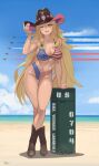  1girl aircraft airplane american_flag american_flag_bikini american_flag_print beach bikini blonde_hair boots breasts cleavage commentary cowboy_boots cowboy_hat cowgirl_(western) crossed_legs english_commentary eyeshadow facial_mark fighter_jet flag_print flag_print_bikini full_body green_eyes hair_between_eyes hat heart heart_facial_mark highleg highleg_bikini highres indie_virtual_youtuber large_breasts leaning_forward leaning_on_object lipstick long_hair looking_at_viewer lulu_lasso makeup military_vehicle multicolored_hair navel navel_piercing ocean one_eye_closed open_mouth piercing pink_eyeshadow pink_hair print_bikini roober sky smile solo streaked_hair swimsuit thigh_gap very_long_hair virtual_youtuber watson_cross 