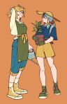 2girls absurdres alternate_costume apron belt blonde_hair blue_pants blue_shirt brown_belt chigusa_(fortnite) choker collared_shirt commentary dandannoodels eye_contact flower_pot fortnite full_body gloves green_apron green_eyes green_gloves green_shoes grin hair_ornament hair_over_shoulder hair_scrunchie hand_in_own_hair hat high-waist_shorts high_tops highres holding holding_flower_pot holding_watering_can joni_(fortnite) leg_tattoo long_hair looking_at_another multiple_girls pants pants_rolled_up plant ponytail potted_plant red_eyes red_scrunchie scrunchie shirt shoelaces shoes short_hair short_sleeves shorts simple_background smile sneakers socks standing straw_hat sun_hat sweater tattoo untranslatable_commentary watering_can white_socks white_sweater wing_collar yellow_choker yellow_hat yellow_shoes yellow_shorts 