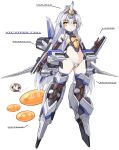  &gt;_&lt; 1girl :o ass bangs brown_gloves brown_thighhighs closed_eyes collarbone commentary_request crotch_plate elbow_gloves english_text flying_sweatdrops full_body gloves gradius grey_hair groin hair_between_eyes headgear highres karukan_(monjya) long_hair mecha_musume multiple_views navel parted_lips revealing_clothes simple_background slime_(creature) thighhighs very_long_hair vic_viper white_background yellow_eyes |_| 