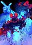  1girl 1other :d absurdres aniypy aqua_(deltarune) aqua_dress aqua_skirt arm_up black_background black_hair blunt_bangs bow choker commentary deltarune dress english_commentary fang hair_bow highres kris_(dark_world)_(deltarune) kris_(deltarune) leaning_forward long_hair looking_at_viewer medium_hair one_eye_covered petals pointing red_bow red_choker red_circle red_eyes short_side_ponytail short_twintails side_ponytail sidelocks skin_fang skirt sleeves_past_fingers sleeves_past_wrists smile twintails utdr_(toby_fox) 
