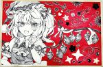  1girl ascot back_bow blush bow bug butterfly collared_shirt commentary_request crystal crystal_wings fang flandre_day flandre_scarlet frilled_shirt_collar frills greyscale_with_colored_background hair_bow hat highres kaoling medium_hair one_side_up open_mouth photo_(medium) red_background shikishi shirt sleeve_bow smile solo star_(symbol) touhou traditional_media upper_body vest wings 