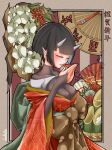  1girl alpakakkax2 artist_name bamboo black_hair blunt_bangs breasts bridal_gauntlets cleavage closed_eyes commentary cup flower folding_fan grey_horns hand_fan horns large_breasts nengajou new_year original pointy_ears sakazuki 