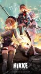  3girls ahoge anis_(nikke) belt beret black_gloves black_thighhighs blue_neckerchief breasts brown_eyes brown_hair bullpup choker closed_mouth copyright_logo counters_(nikke) glasses gloves goddess_of_victory:_nikke green_eyes groin gun hair_ornament hat highres jacket knee_armor large_breasts logo long_hair looking_at_viewer looking_to_the_side multiple_girls neckerchief necktie neon_(nikke) official_art official_wallpaper pleated_skirt rapi_(nikke) red_eyes red_hair red_necktie short_hair shorts skirt sky standard_manufacturing_dp-12 standing sunrise thighhighs weapon white_hair white_skirt zettai_ryouiki 
