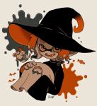  1girl animal artist_name bat_(animal) black_dress black_headwear bright_pupils bulging_eyes candy clothed_animal dress fangs fish food ghost_costume halloween hands_up happy hat highres holding inkling inkling_girl jellyfish_(splatoon) long_sleeves looking_at_viewer mohawk open_mouth patch red_eyes red_hair shogo_(shogo70449442) short_hair sidelocks signature sleeves_past_fingers sleeves_past_wrists smallfry_(splatoon) smile solo_focus splatoon_(series) splatoon_3 splatter_background star_(symbol) tentacle_hair tentacles upper_body white_pupils witch witch_hat 