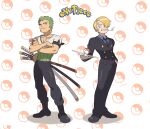  2boys absurdres blonde_hair collared_shirt crossed_arms curly_eyebrows facial_hair full_body goatee green_hair hair_over_one_eye highres male_focus multiple_boys necktie no.6_(numberr_6) one_piece poke_ball pokemon_rgby_(style) roronoa_zoro sanji_(one_piece) scar scar_across_eye shirt short_hair smile standing style_request 