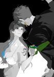  1boy 1girl bandana bandana_around_arm bare_shoulders bikini bikini_top_only breasts cleavage closed_mouth collarbone commentary earrings green_bandana halterneck highres jewelry large_breasts leaning_forward long_hair looking_at_another nami_(one_piece) navel one_piece roronoa_zoro shoulder_tattoo spot_color stomach string_bikini swimsuit tattoo upper_body xiaonan0622 
