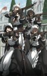  4girls aiming alicia_cole apron artist_name asterisk_kome brown_gloves dark-skinned_female dark_skin gloves gun highres isabella_mendes kneeling maid maid_apron maid_headdress mansion marie_gardner medal multiple_girls original rifle sheath sheathed sword weapon 